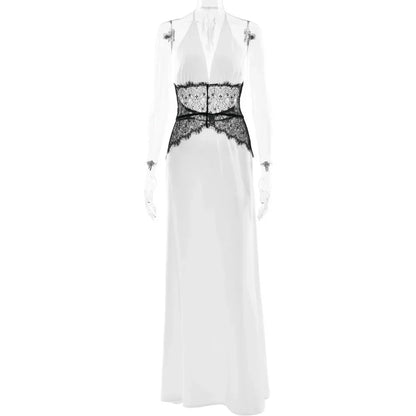 Sexy Deep V-neck Backless Lace Patchwork Satin Dresses for Women 2026 Summer Halter Sleeveless Long Maxi Party Evening Dress