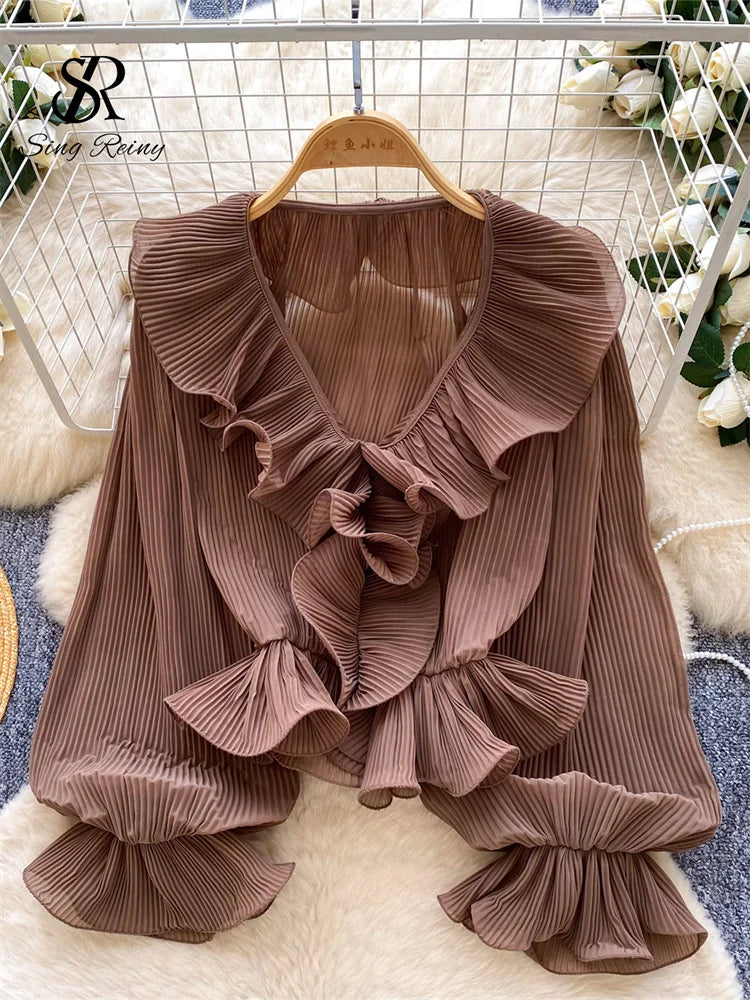 Ruffles Pleated Romantic Tops Thin Spring Summer V Neck French Elegant Blouse Fairycore Flowy Office Lady Luxury Shirt