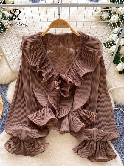 Ruffles Pleated Romantic Tops Thin Spring Summer V Neck French Elegant Blouse Fairycore Flowy Office Lady Luxury Shirt