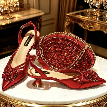 Italian Design Nigeria New Trendy Full Diamond Embellished High Heels Gold Color Women's Bag and Shoes For Party Wedding