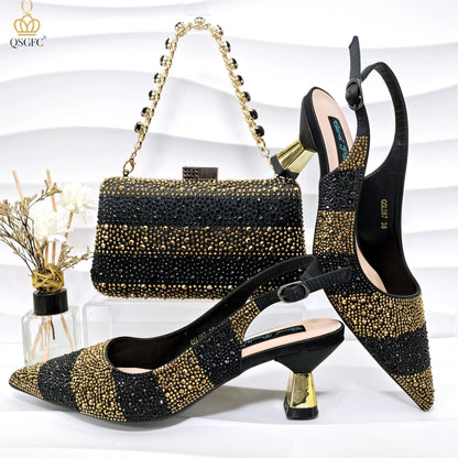 Gold Color Elegant Women Heels Shoes and Bag Set Hollow Rhinestones  High Heels Wedges Shoes Matching Bag