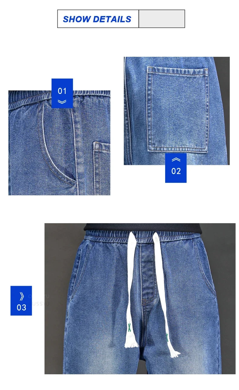 2025 New Autumn Winter Jeans Men Loose Straight Drawstring Elastic Waist Casual Denim Trousers Male Thick Pants Large Size M-5XL