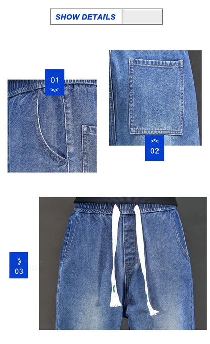 2025 New Autumn Winter Jeans Men Loose Straight Drawstring Elastic Waist Casual Denim Trousers Male Thick Pants Large Size M-5XL