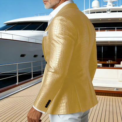 Luxury Men's Crocodile Embossed Leather Blazer Notch Lapel Suit Fit 1 Button Jacket Shiny Croc Print Formal Business Party Coat