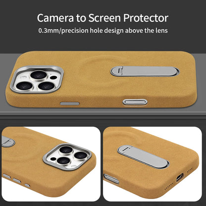 For iPhone 17 Pro Protective Case With Metal Rotatable Kickstand Suede Artificial Leather Phone Case For iPhone 17 16 15 Pro Max