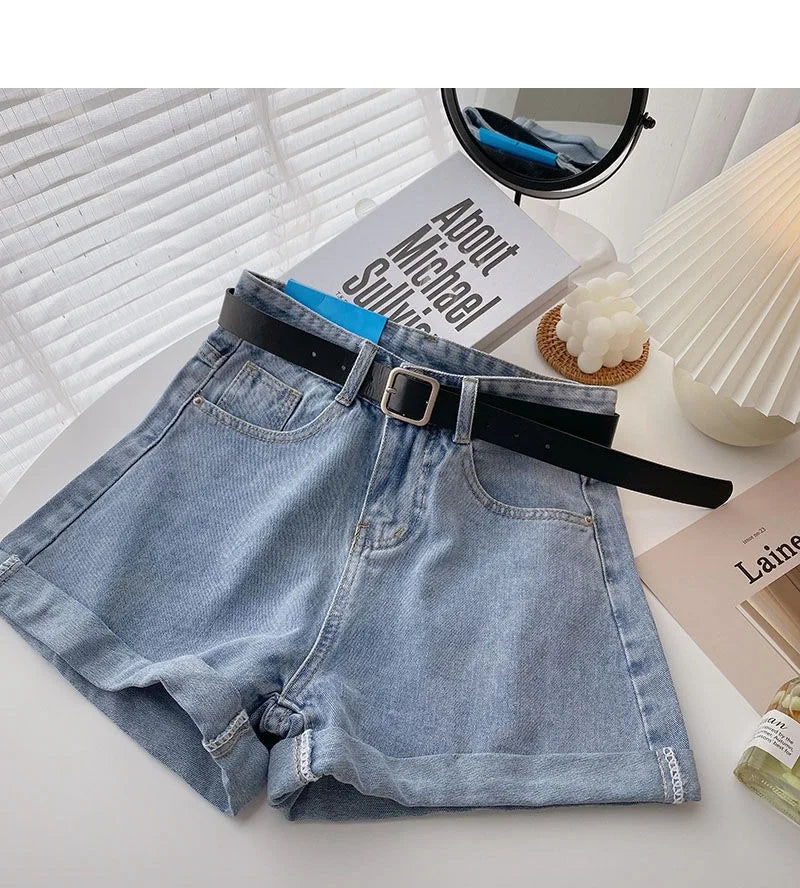 Wide Leg Denim Shorts With Belt Women Summer High Waist Pocket Hot Pants Streetwear Korean Fashion Casual Cowboy Jeans Shorts
