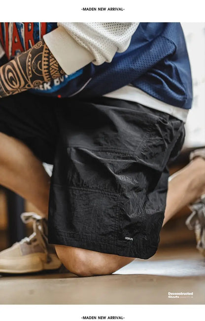Outdoor Patchwork Black Shorts Men's Lightweight Quick-Dry Breathable Shorts with Elastic Waist Straight Leg Sport Pants