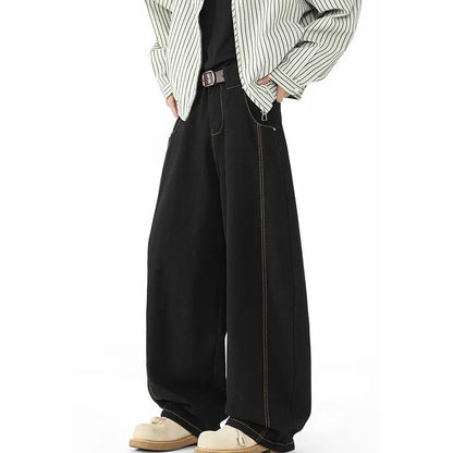 Japanese Korean Casual Black Straight Leg Jeans Men'S Spring Autumn Jeans High Street Loose Pants Wide Leg Pants