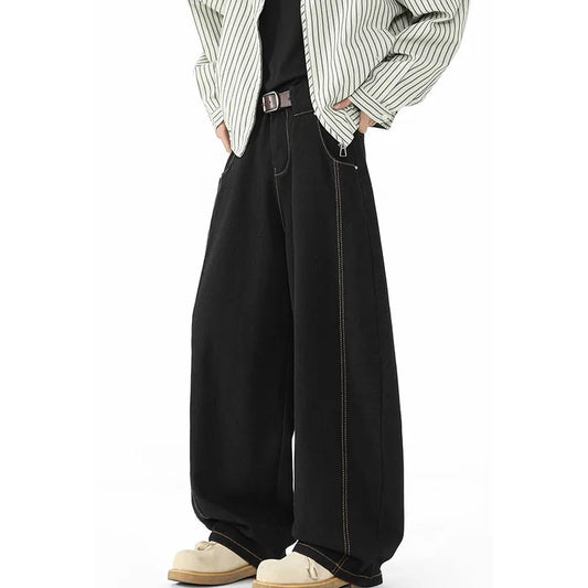 Japanese Korean Casual Black Straight Leg Jeans Men'S Spring Autumn Jeans High Street Loose Pants Wide Leg Pants