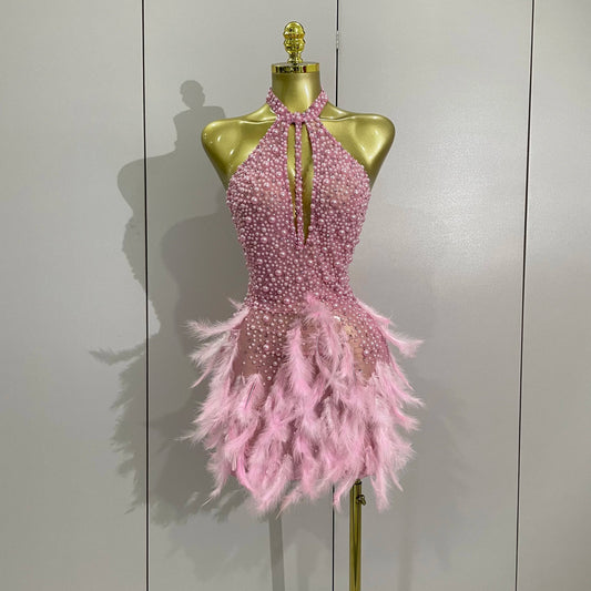 Women Luxury Rhinestones Pearls Feathers Halter Backless Short Dress Women Sexy Celebrate Birthday Dress Nightclub Stage Costume