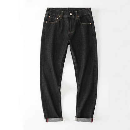 Men's Japanese Handmade Embroidered Cotton Jeans Straight Tube Slim Fit Hip-Hop Trousers Red Ear Detail Devil Big M Golden Text