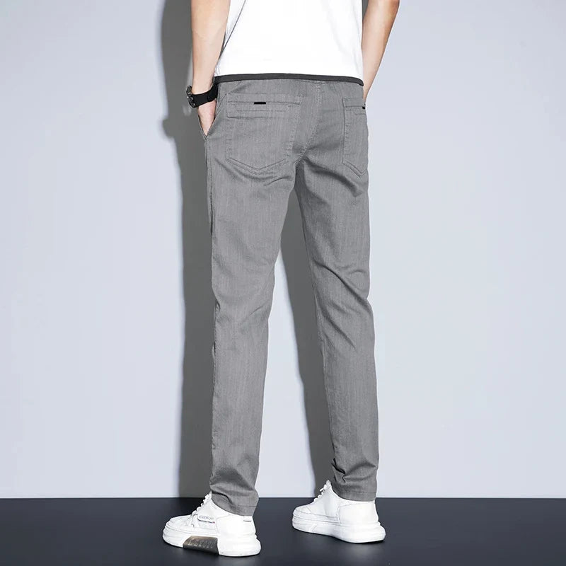 Spring Summer Thin Men's Slim Straight Casual Pants Fashion Korean Solid Color Elastic Comfortable Business Gray Trousers