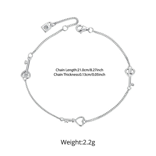 Bracelet en argent sterling 925 avec chaîne creuse en forme de cœur, ajustable, avec breloque clé et serrure, pour femme, décoration de poignet minimaliste