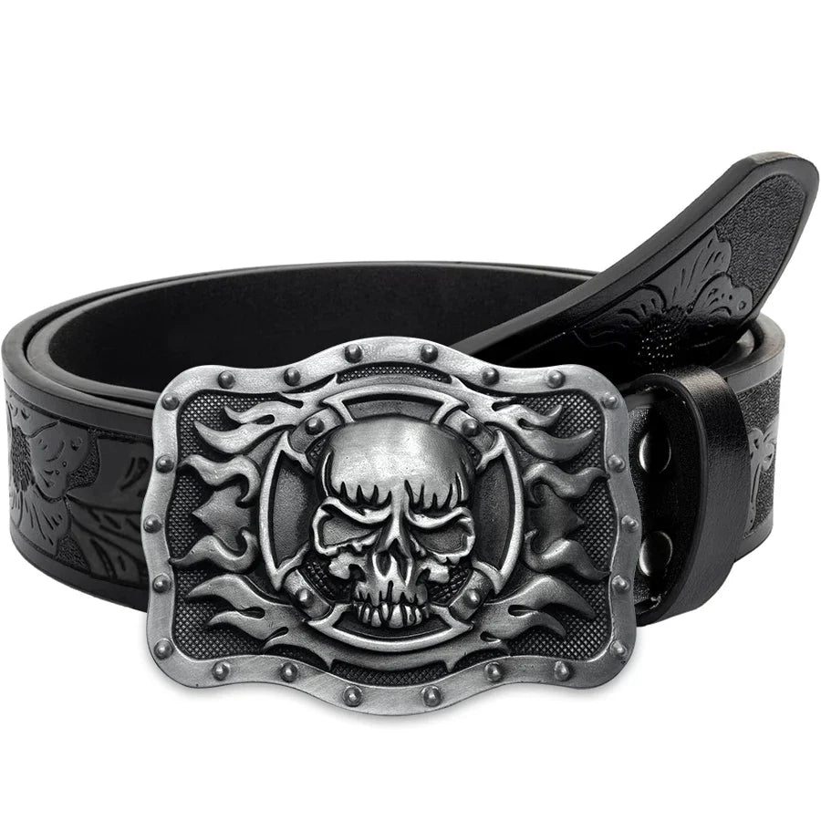Skull Flame Belt Exquisite Carved Large Plate Buckle Alloy Buckle for Men and Women - Irregular Pattern Carved Flower Long Horn
