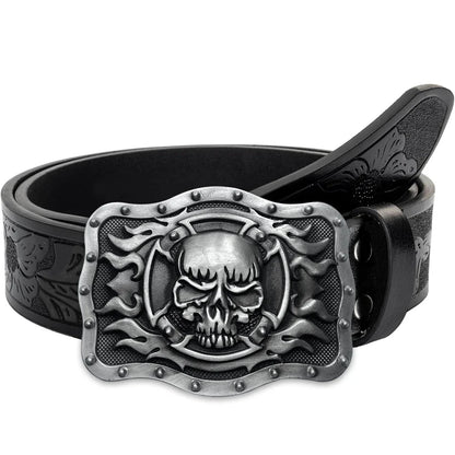 Skull Flame Belt Exquisite Carved Large Plate Buckle Alloy Buckle for Men and Women - Irregular Pattern Carved Flower Long Horn