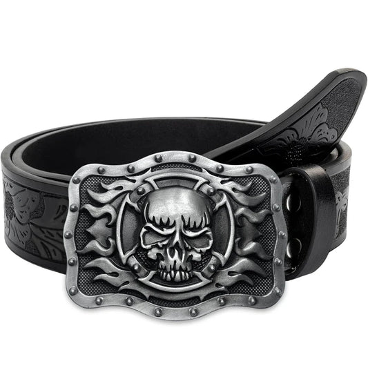Skull Flame Belt Exquisite Carved Large Plate Buckle Alloy Buckle for Men and Women - Irregular Pattern Carved Flower Long Horn