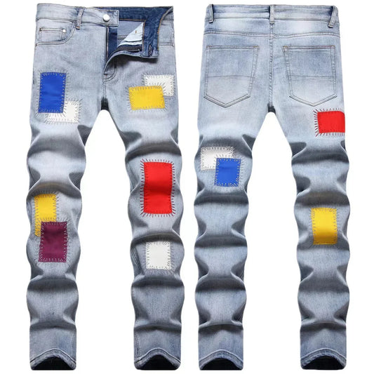 Men's Embroidered Jeans Rainbow Square Cloth Pure Cotton Stretch Slim Pants Scraped White Wearable High Street Color Patch 2025