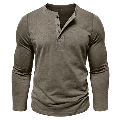 New Autumn Long Sleeve T-Shirt Mens Casual Solid Color Top Henley Neck Slim Versatile Work T-shirt Breathable Outdoor Thin Tee