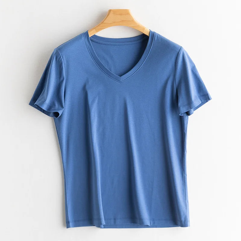 Women Solid T shirts, Silk Cotton Blend, O Neck, Short Sleeved Solid Tee,2025 Summer Candy Colors Basic Cozy Top Green