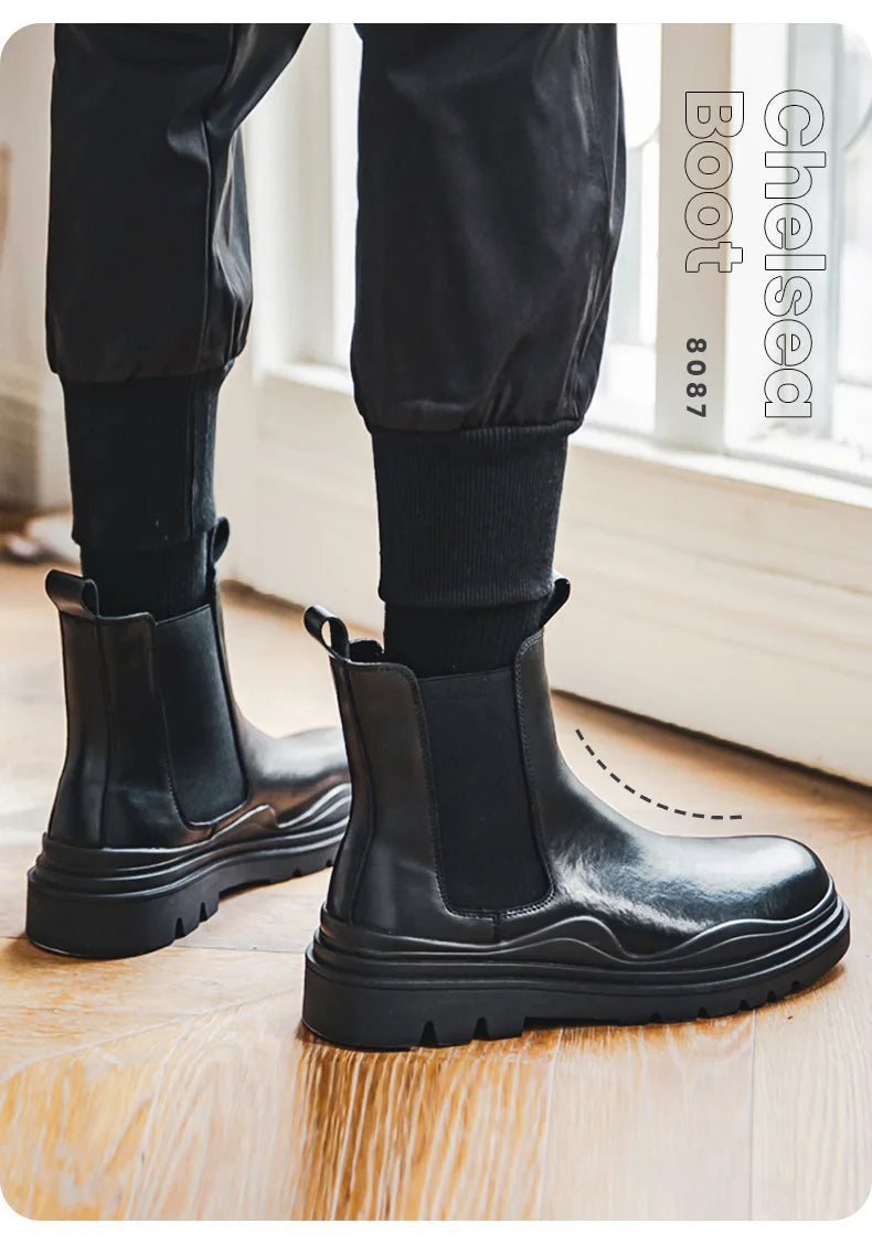 Fashion Mens Sheoes Platform Chelsea Boots Thick Bottom Split Leather Ankle Boots Male Footwear Round Toe Short Boots