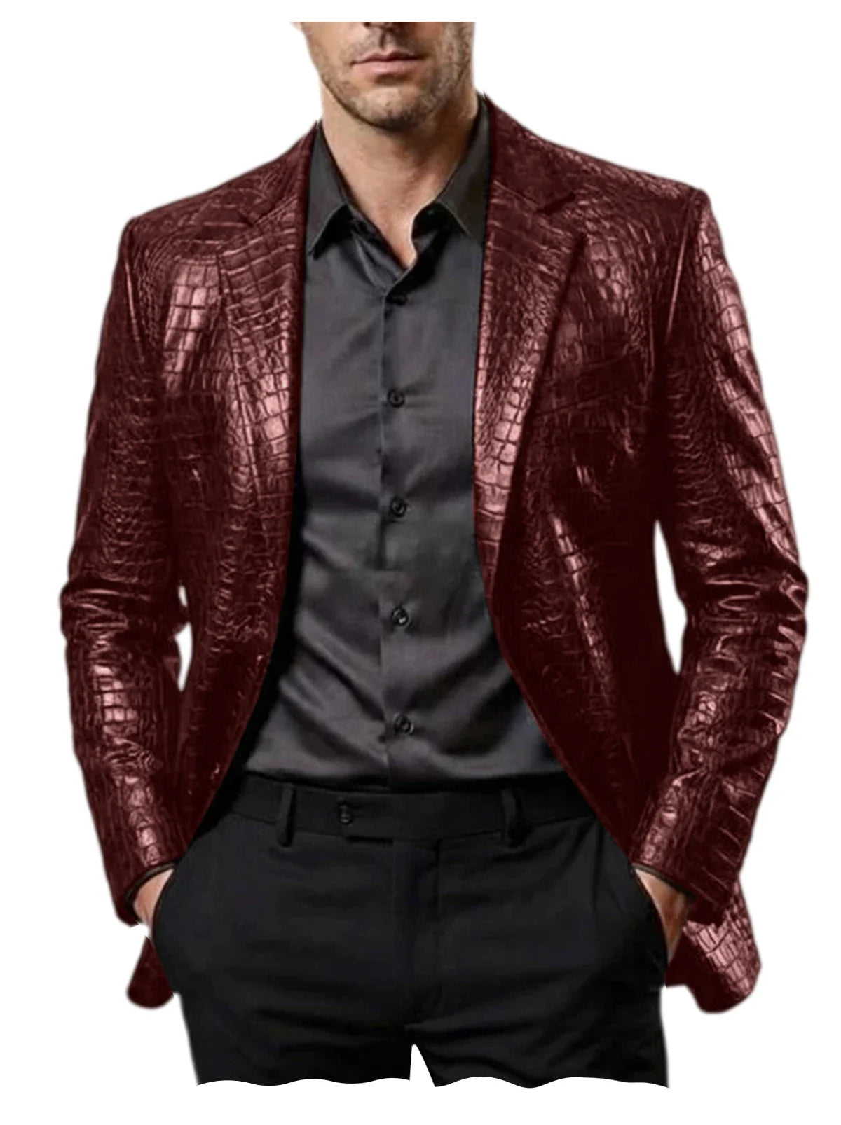 Men Crocodile Texture Leather Blazer Notched Lapel Slim Fit Single Breasted Suit Jacket Nightclub Party Business Outer Coat
