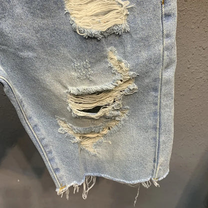 Men's Denim Shorts With Trendy Holes Rough Edges Light Blue Cropped Shorts Spring and Summer Youth