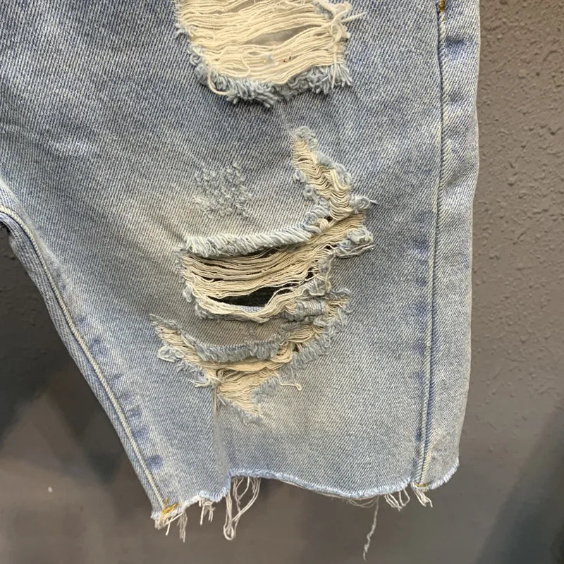 Men's Denim Shorts With Trendy Holes Rough Edges Light Blue Cropped Shorts Spring and Summer Youth