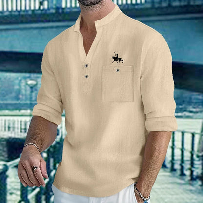 Men Mandarin Collar Long Sleeve Henley Cotton Linen Shirt With Chest Pocket Breathable Lightweight Beach Travel Daily Casual Top