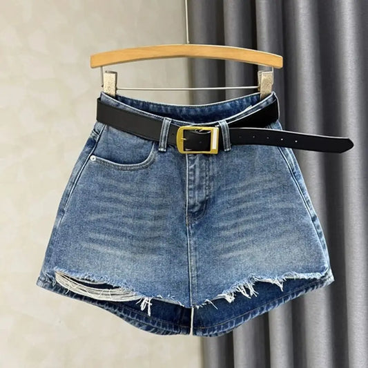 High Waist Ripped Women's Denim Skort 2025 Summer New Fashion A-line High Waisted Skinny Hot Shorts Versatile Pant Skirt