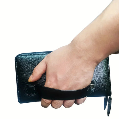 Men's Large Capacity Long Zipper Wallet Synthetic Leather Clutch Business Handbag with Phone Card Holder Case Gift for Him