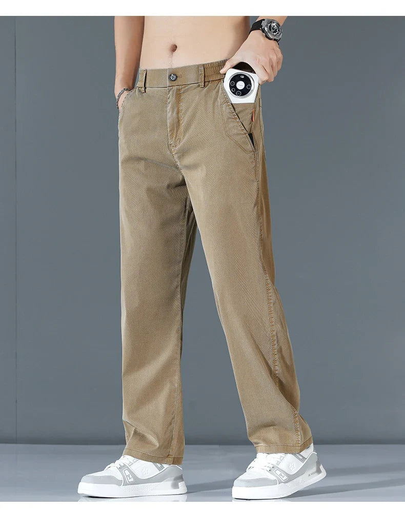 Ultra-thin Lyocell Fashion Loose Casual Pants Men Spring Summer Korean Straight Stretch Brand Trousers Male Clothing Wide Pants
