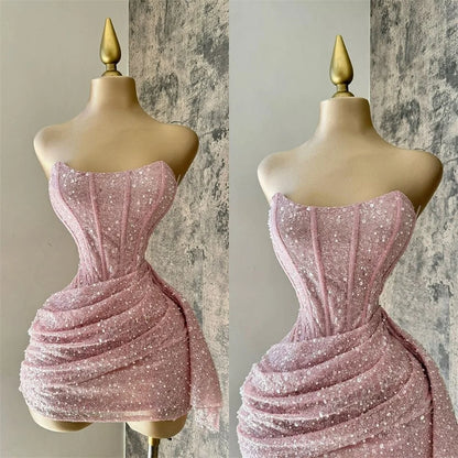 Sansa Customized Shiny Sequins Strapless Mini Prom Dresses Zip Pink Beaded فساتين سهرة Pleats Sleeveless Colum Party Dresses