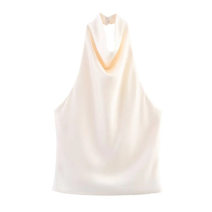 Spring Elegant Women Satin Halter Tops 2026 Summer Backless Off Shoulder Corset Vest Female Fashion Slim Crop Tank Top
