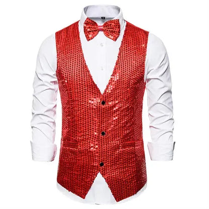 New Gold Sequin Vest Men's Single-breasted V-neck Sleeveless Vests Coat Wedding Party Waistcoat Silver Blue Purple Red Tops