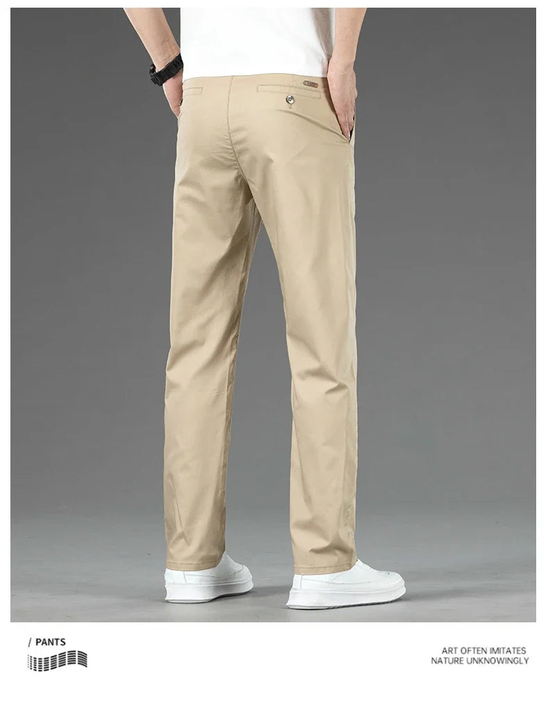 Spring Summer New Men's Casual Pants Thin Mulberry Silk Soft Business Casual Trousers Slim Straight Elastic Suit Pants Male
