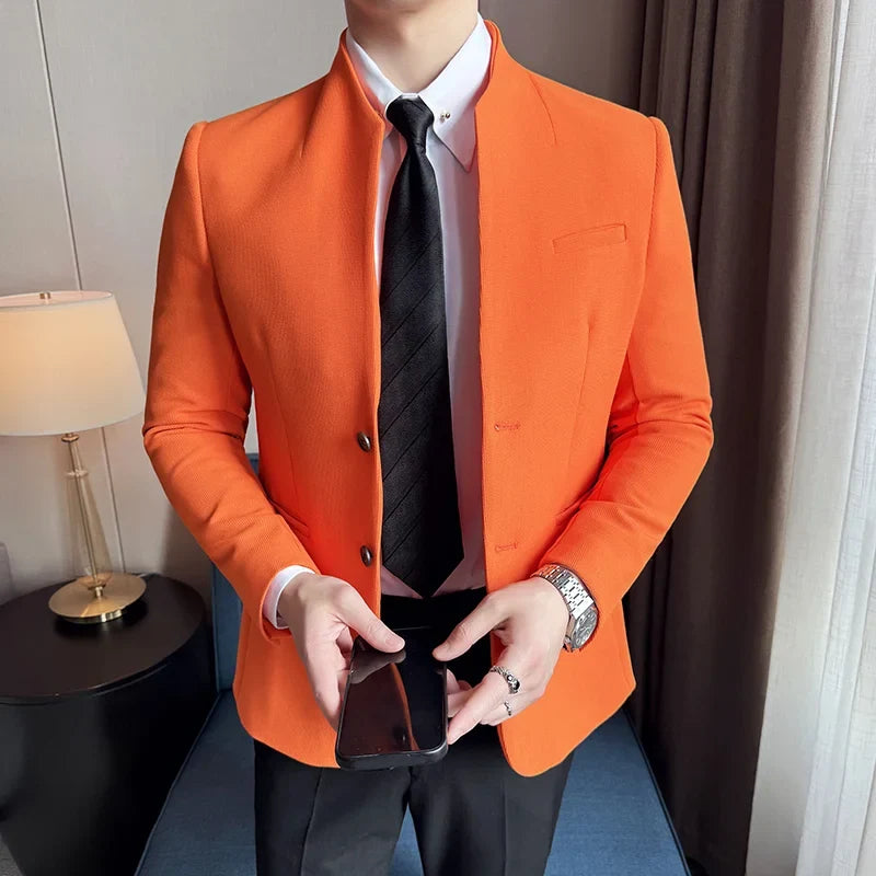 New Waffle Chinese Stand-Up Collar Blazers Men Slim Fit Business Casual Fashion Suits Jacket Formal Social Prom Party Tuxedos