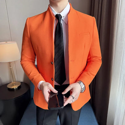 New Waffle Chinese Stand-Up Collar Blazers Men Slim Fit Business Casual Fashion Suits Jacket Formal Social Prom Party Tuxedos
