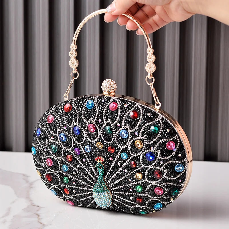New Peacock Pattern Handbags Diamond Evening Bags for Women 2024 Fashion Luxury Evening Clutch and Purse Rhinestone Shoulder Bag