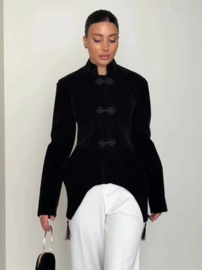 Women's Spring Summer Mandarin Collar Frog Button Velvet Asymmetric Hem Blazer Clubwear 2026 Trendy Feminine Fashion Blazer