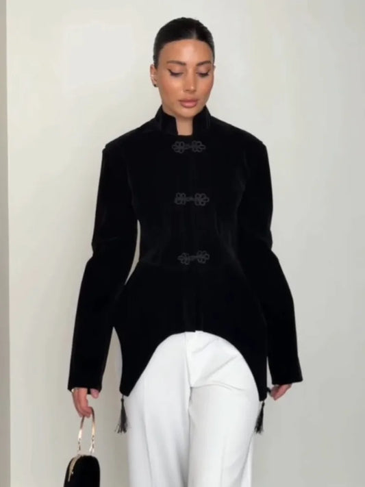 Women's Spring Summer Mandarin Collar Frog Button Velvet Asymmetric Hem Blazer Clubwear 2026 Trendy Feminine Fashion Blazer
