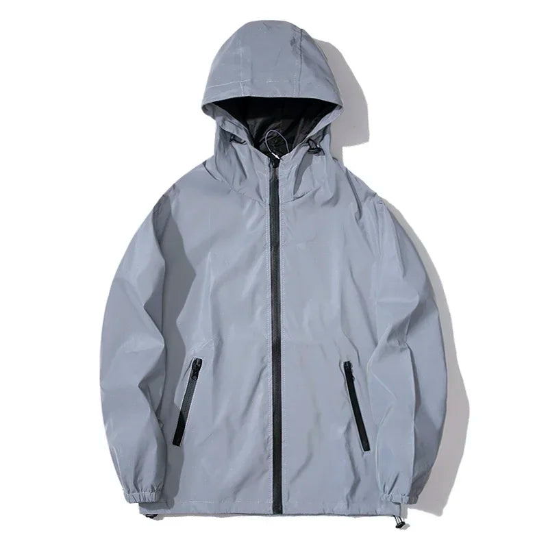 New Men's Night Reflective Jackets Windbreaker Double Fabric Hooded Jacket Hip Hop Personalized Dancer Waterproof Zipper Coats