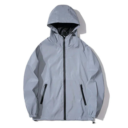 New Men's Night Reflective Jackets Windbreaker Double Fabric Hooded Jacket Hip Hop Personalized Dancer Waterproof Zipper Coats