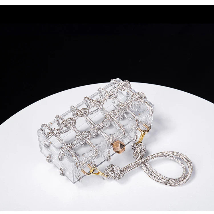New Diamond Clear Acrylic Box Evening Clutch Bags Women Boutique Woven Knotted Rope Rhinestone Purses And Handbags Wedding Party