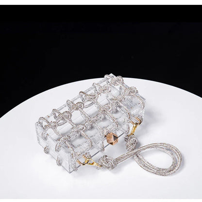 New Diamond Clear Acrylic Box Evening Clutch Bags Women Boutique Woven Knotted Rope Rhinestone Purses And Handbags Wedding Party