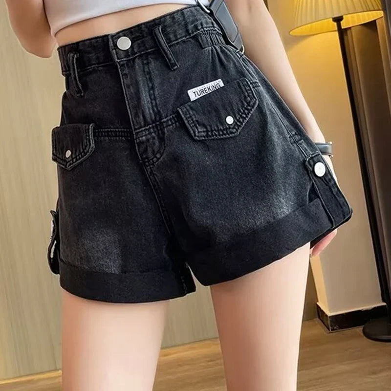 2024 Summer Women Shorts Pants Lady High Waisted Loose High Street Denim Pants Female Streetwear Black Gray Wide Leg Short Jeans