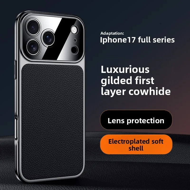 Original Leather Case For iPhone 17 PRO MAX Plating Genuine cowhide Lichee Pattern Lens Protection Shockproof Hard Phone Cover