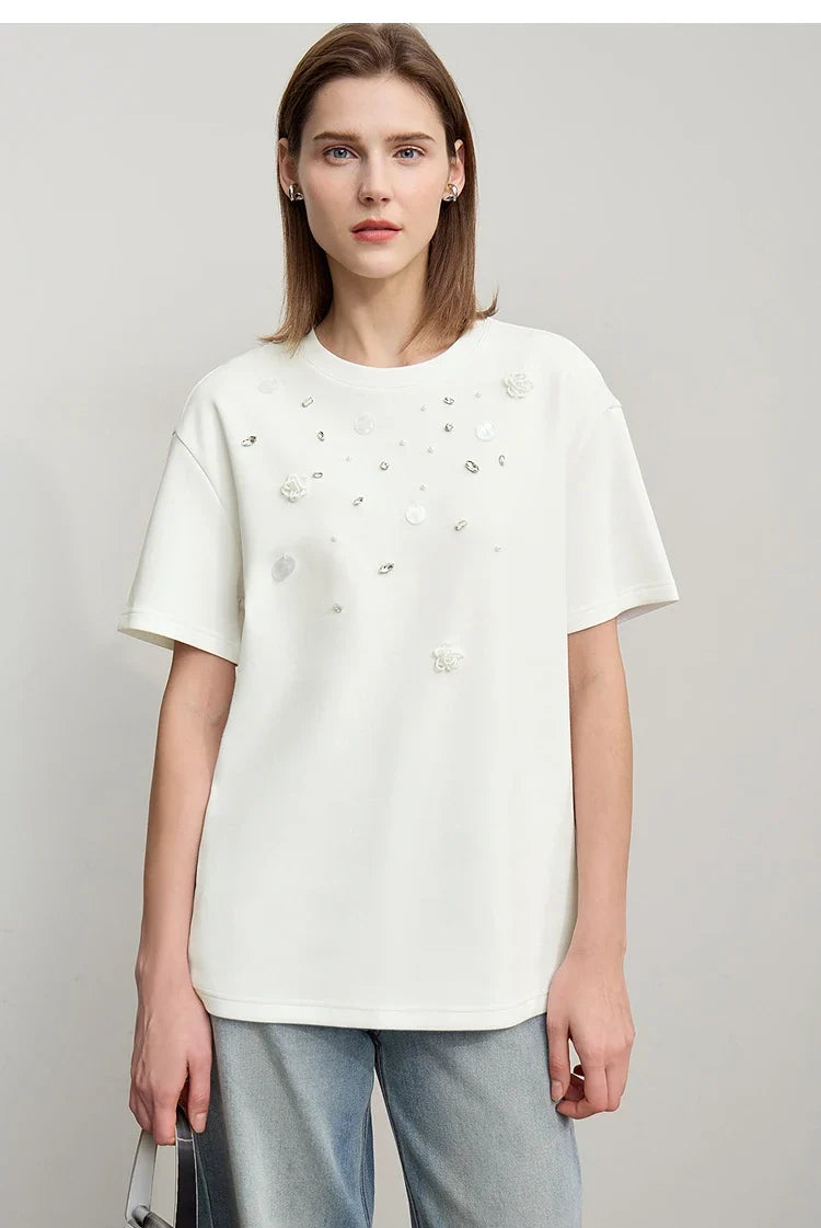 Short Sleeve Tee 2026 Spring New Crew Neck Three-dimensional Bead Flower Bead Diamond Knit T-Shirt Loose Women Top 12641038