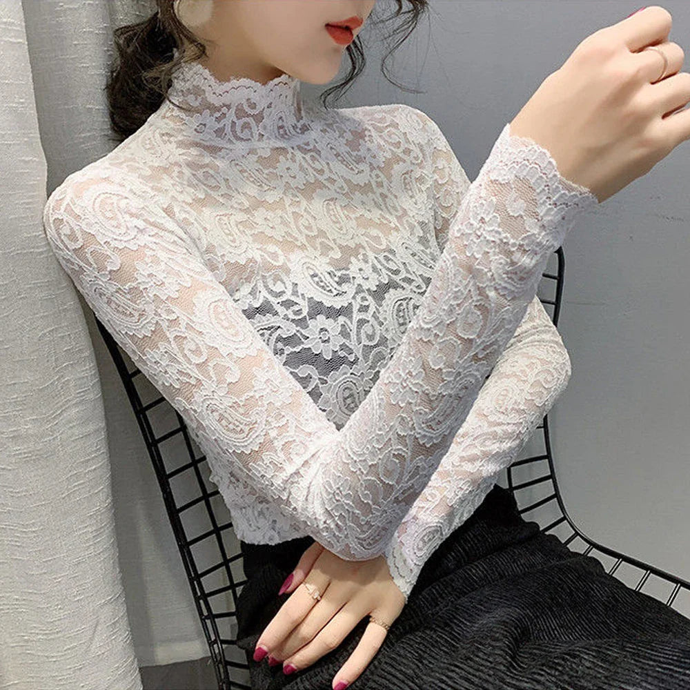 Blouse Women Transparent Lace T Shirt Stretch Turtleneck Petal Sleeve Girl Blusas Mujer De Moda Black White Apricot Shirt Tops