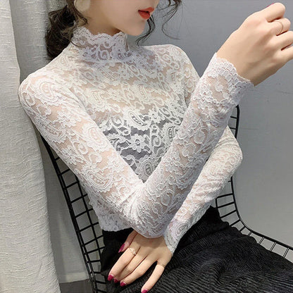 Blouse Women Transparent Lace T Shirt Stretch Turtleneck Petal Sleeve Girl Blusas Mujer De Moda Black White Apricot Shirt Tops