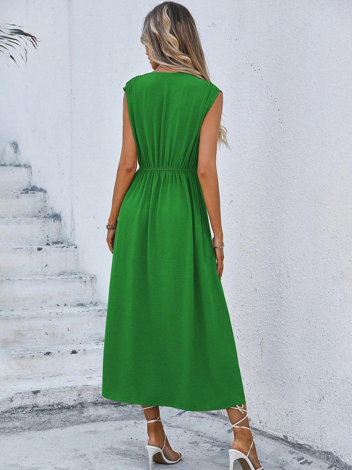 Women's Solid Color A-Line Dress Sleeveless Front Thin Straps Elegant Belted Midi Dress for Summer
